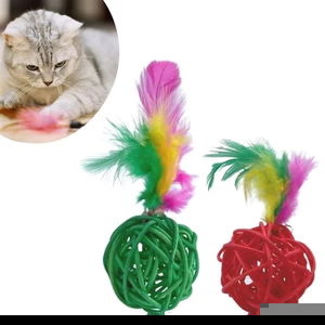 Tufeyo 2-Piece Rattan Colorful Plush Feather Cat Dog Toy Catch Chew Rattle Ball Toy