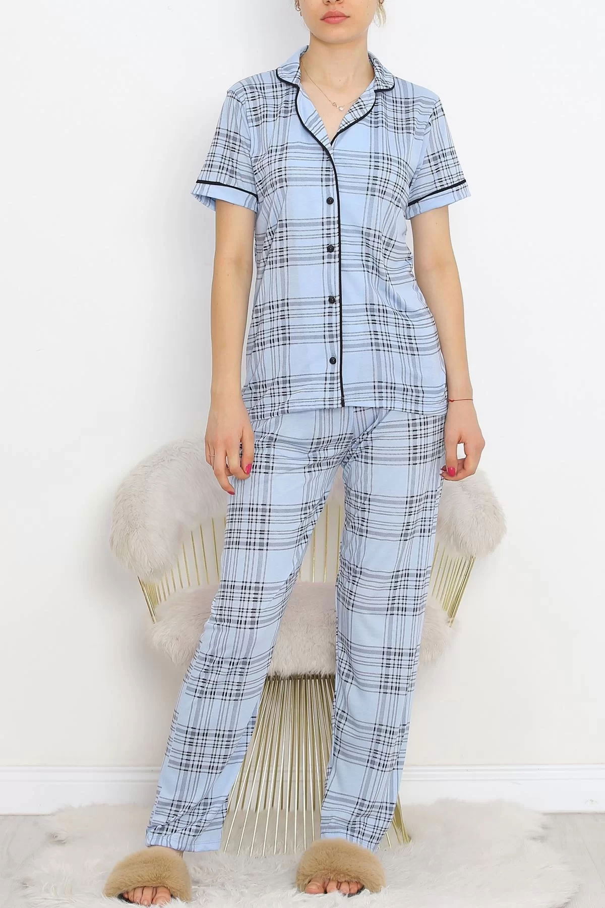 Polyviscose Interlock Short Sleeve Pajama Set Blue Black - 927.1287.