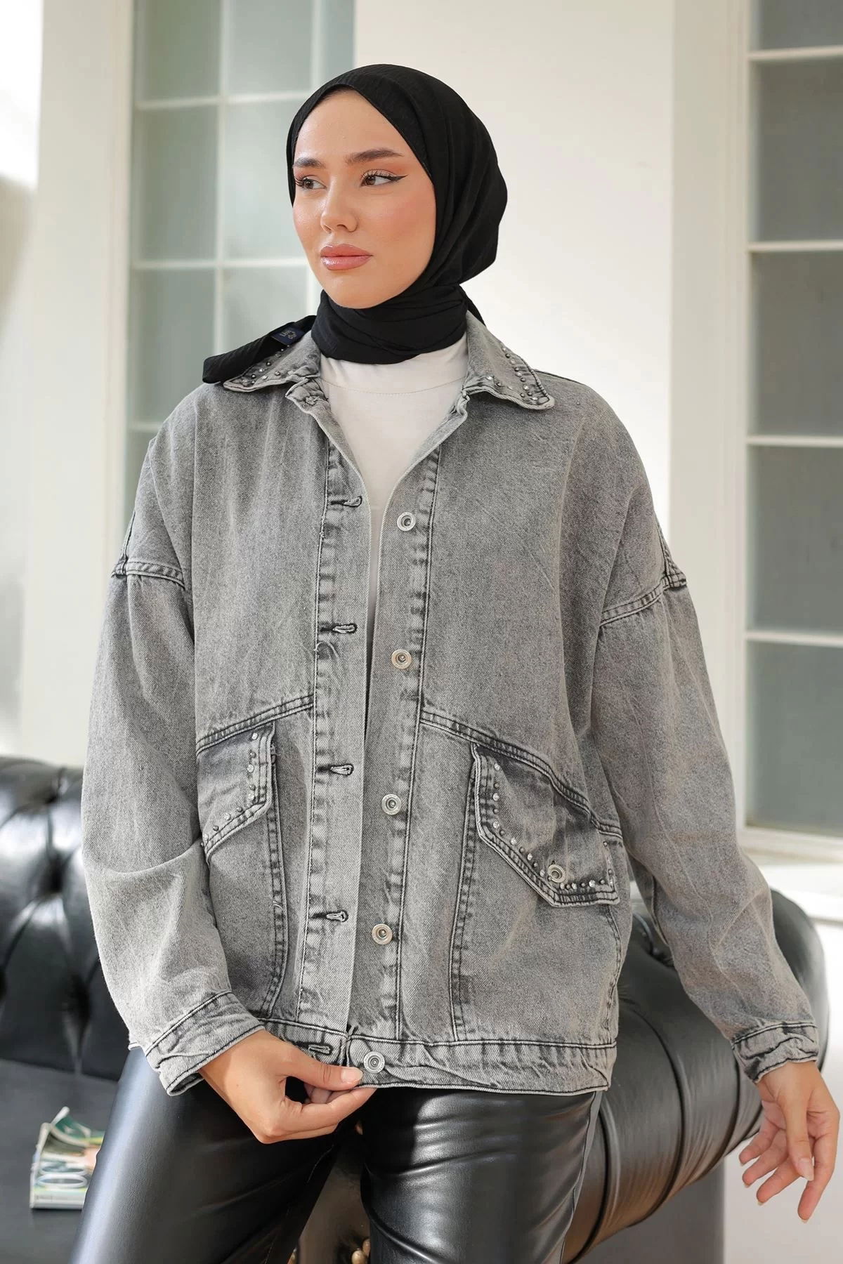 Denim Jacket Anthracite with Stone Collar - 20387.1778.