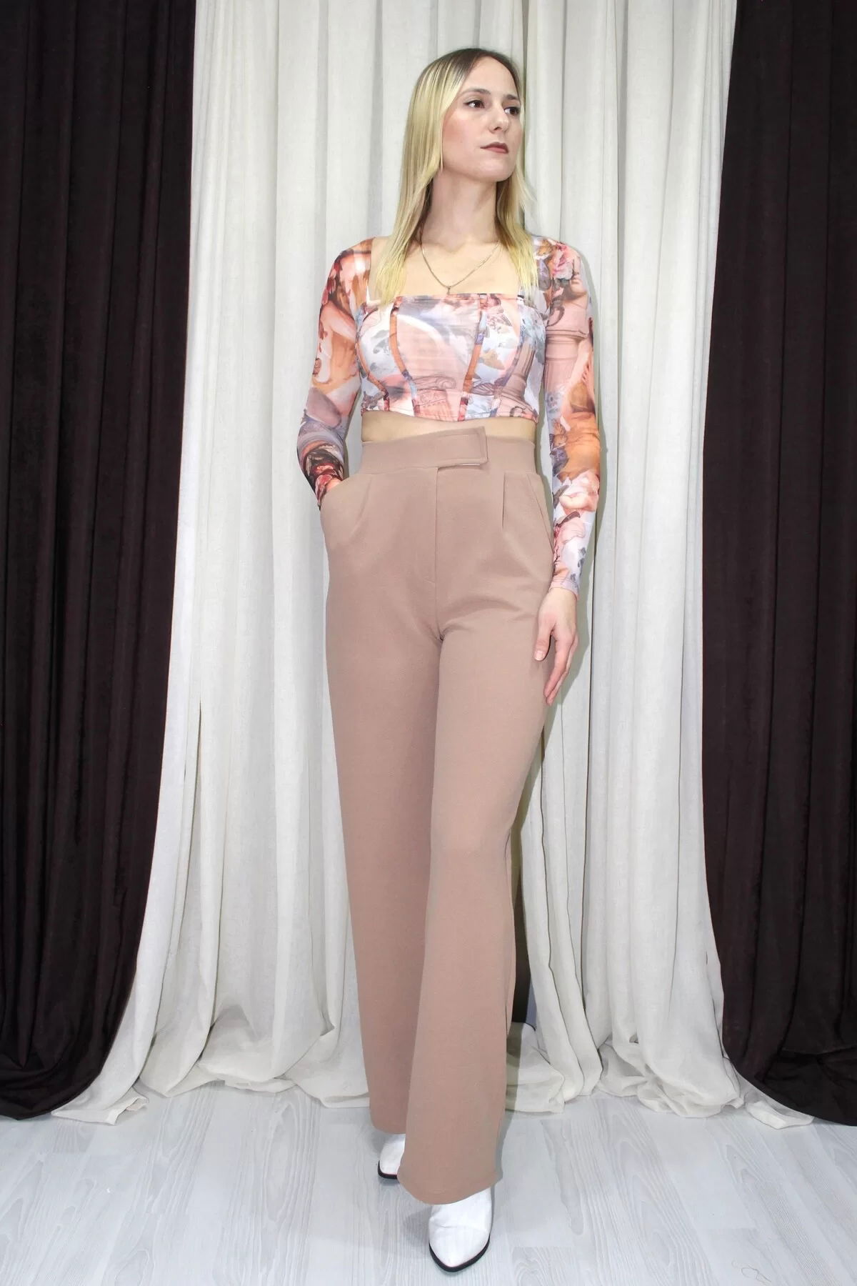 Crepe Velcro Palazzo Pants Tan - 211.491