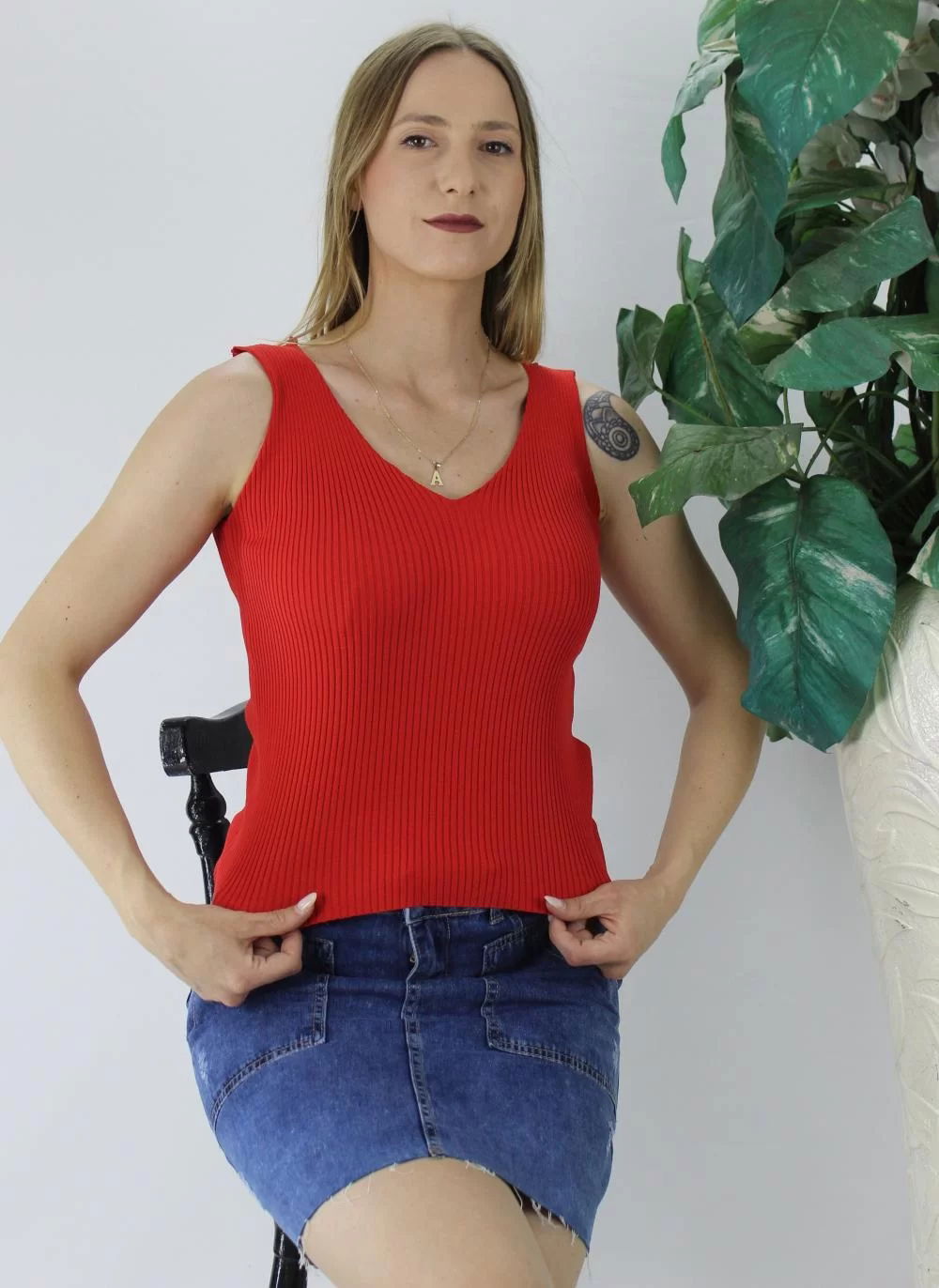 V-Neck Ribbed Sweater Tank Red - Lks1262.32