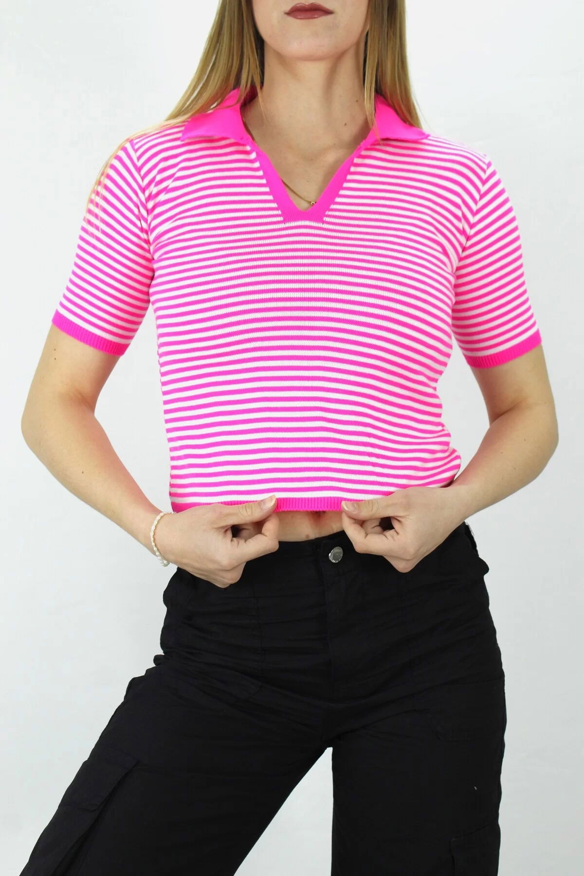 Polo Collar Striped T-Shirt Fuchsia - 140.055