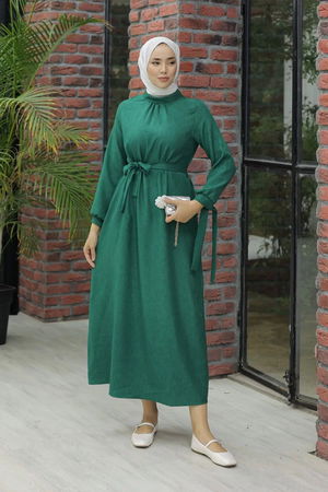 Linen Dress with Sleeve Ties Green - 20346.1778.