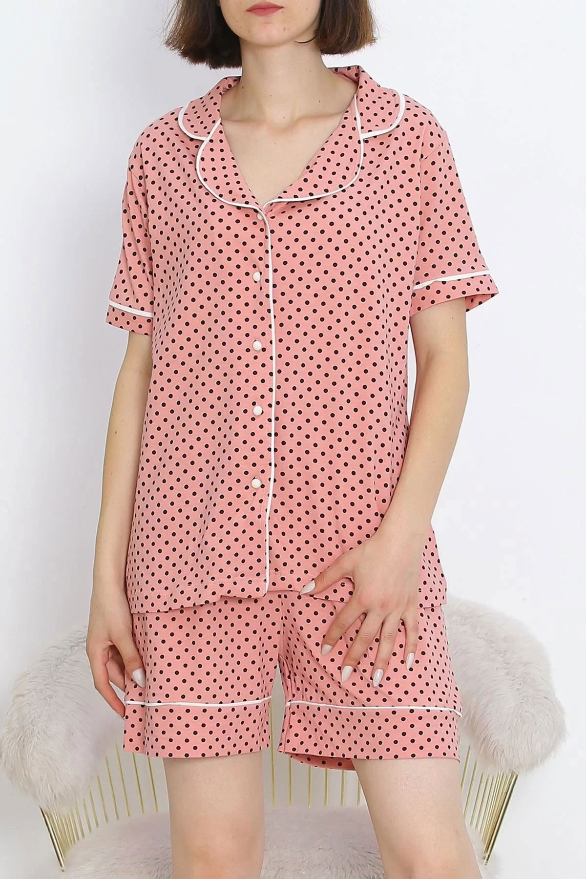 Buttoned Shorts Pajama Set Dotted powder - 18944.1567.