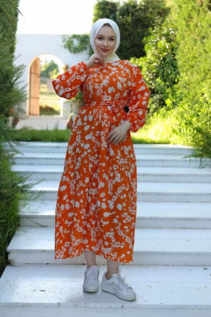 Patterned Dress Orange-White - 10067.1778.