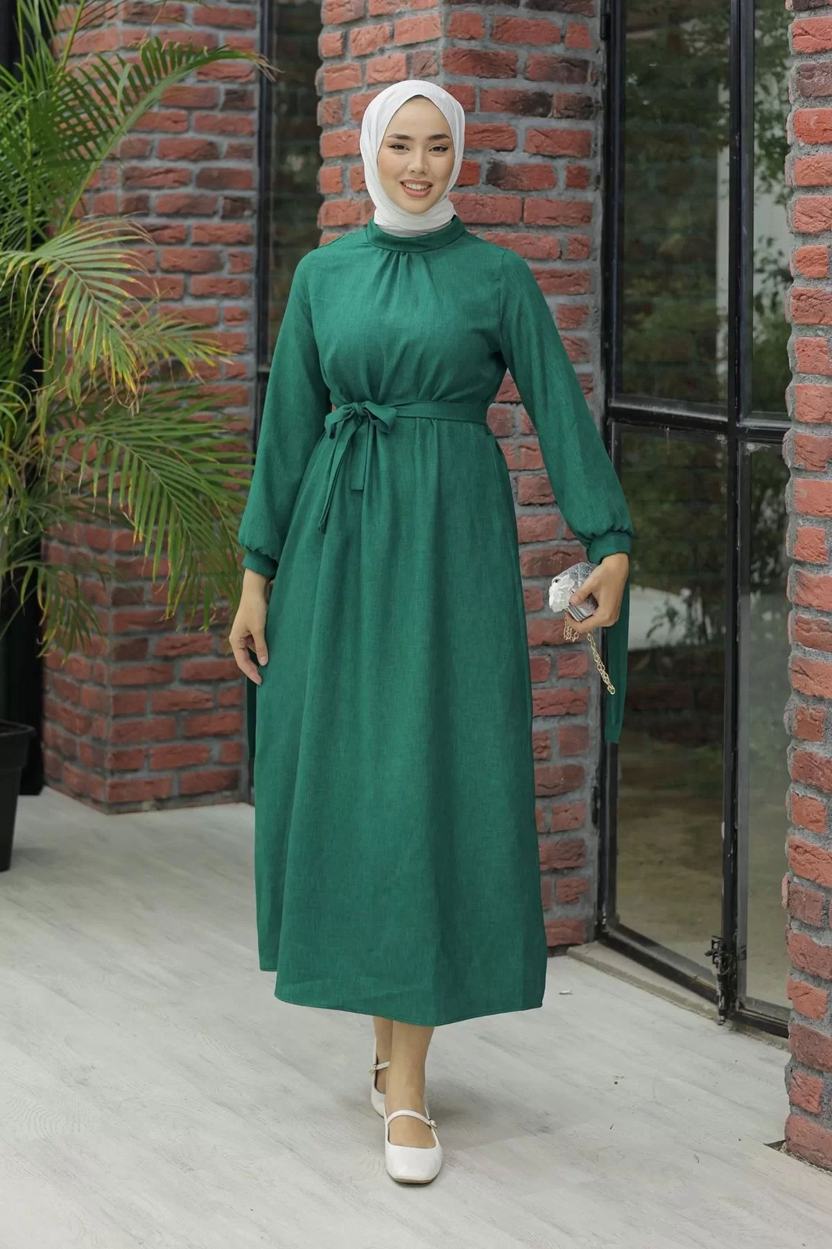 Linen Dress with Sleeve Ties Green - 20346.1778.