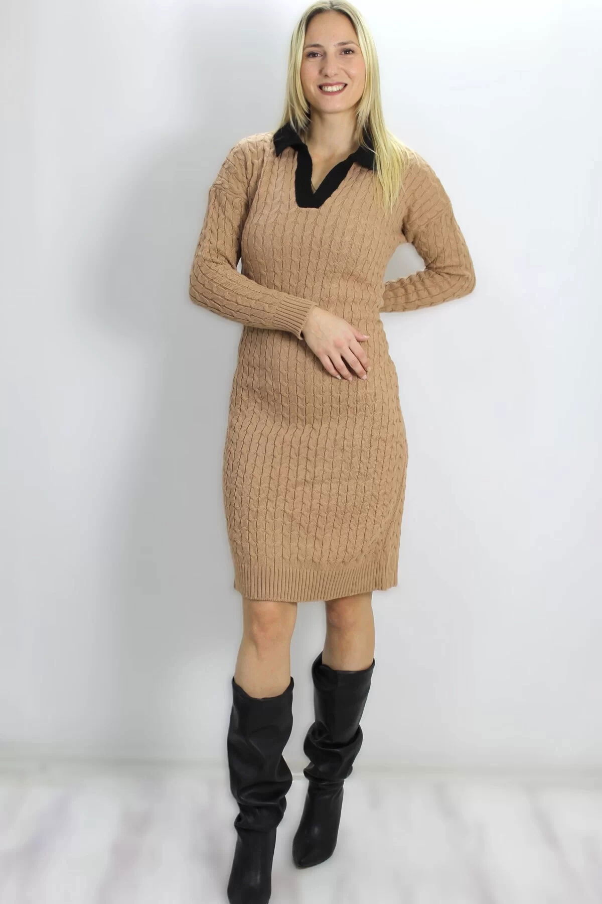 Shirt Collar Knitted Knit Sweater Dress Sütlükahve - 07190