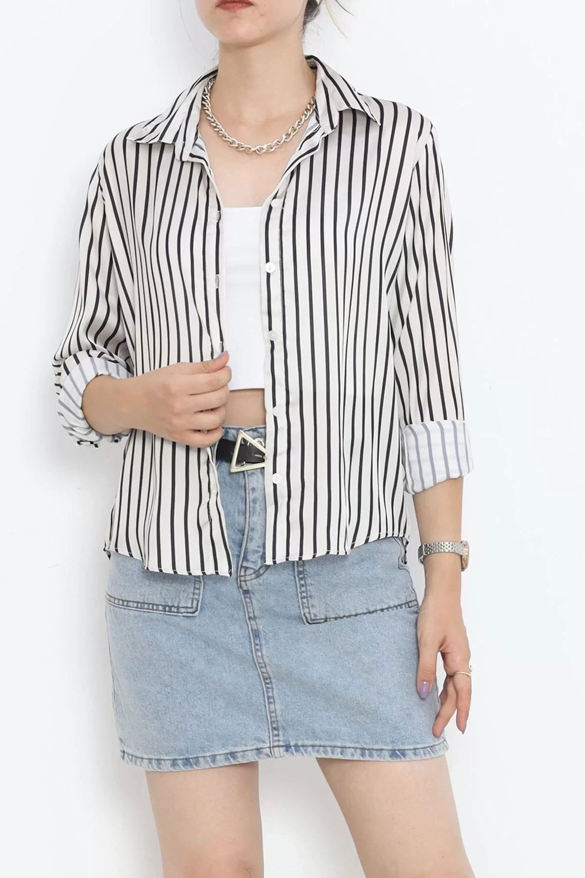 Striped Satin Shirt Stone Black - 18889.1247.