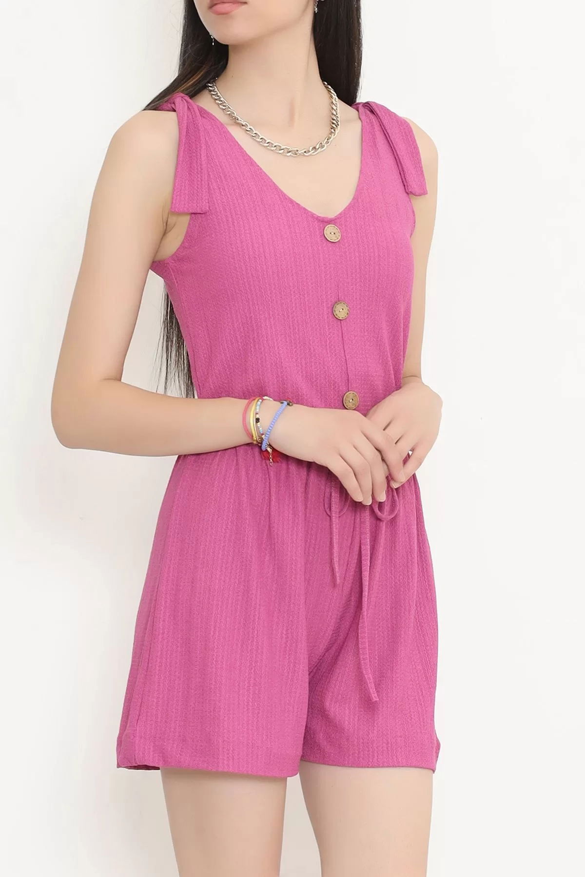 Buttoned V-Neck Linen Jumpsuit Fuchsia - 16560.631.