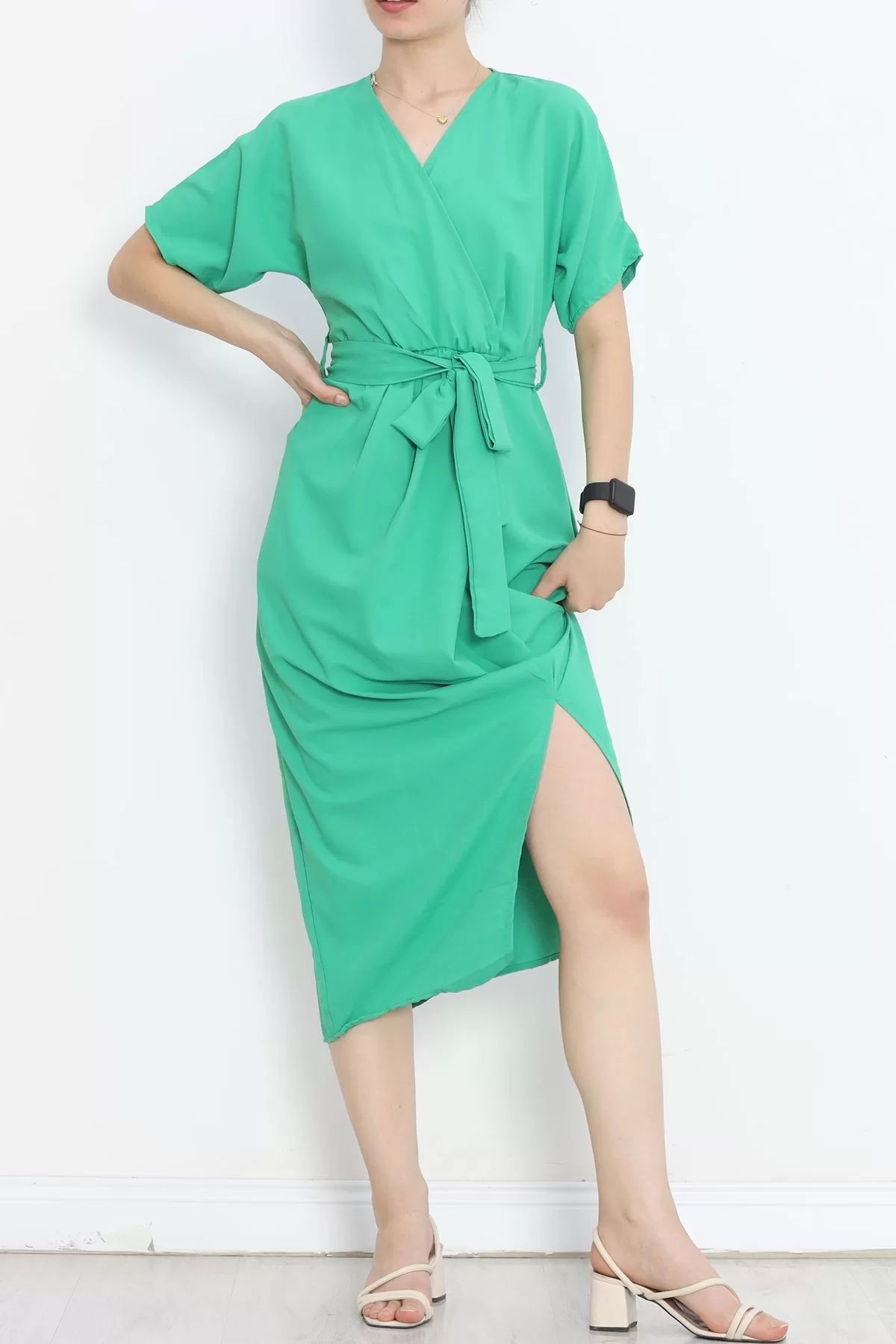 Double-breasted Collar Belted Dress Green1 - 152445.701.