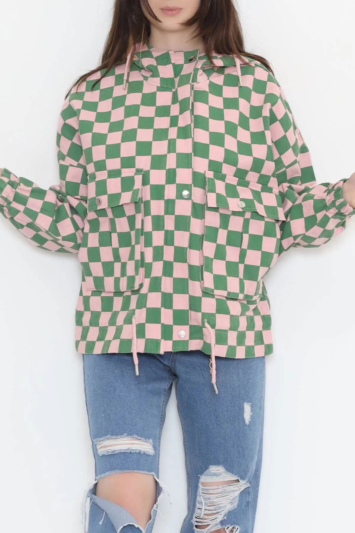 Patterned Oversize Jacket Pink Green - 2309.1367.