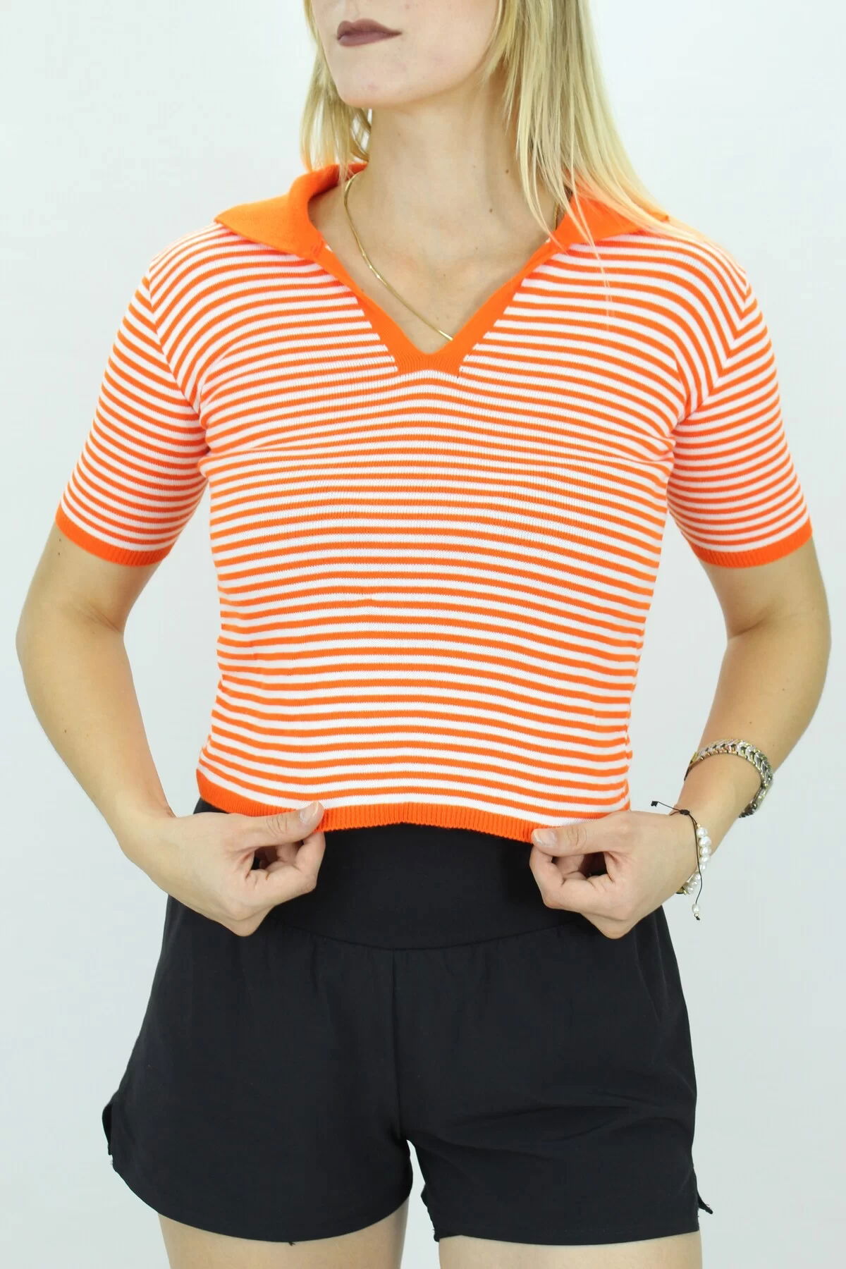 Polo Collar Striped T-Shirt Orange - 140.055