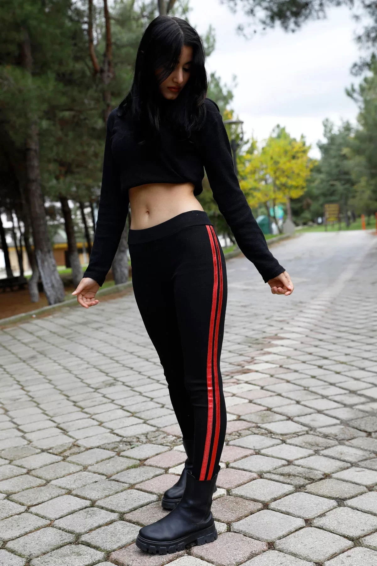 Side Double Stripe Ribbed Leggings Black - P-020258