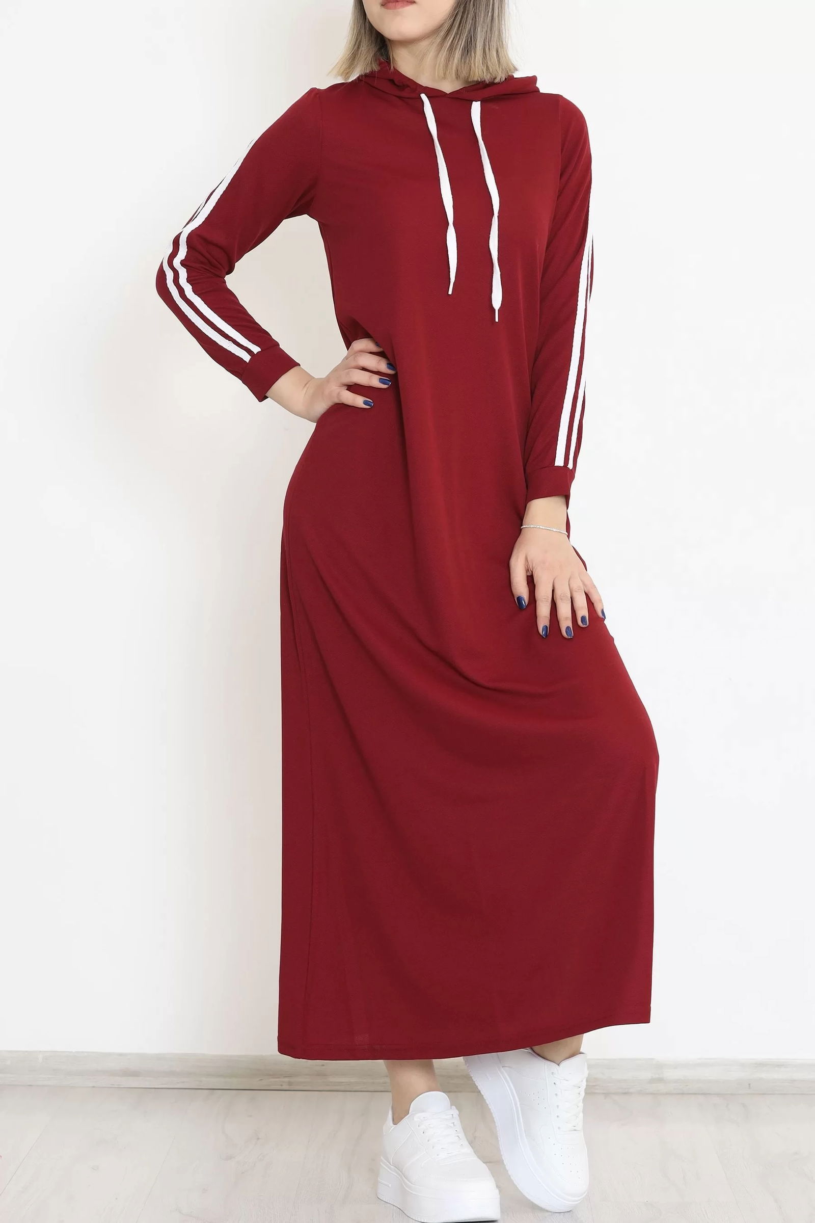 Hooded Stripe Detailed Dress Burgundy - 10005.1778.