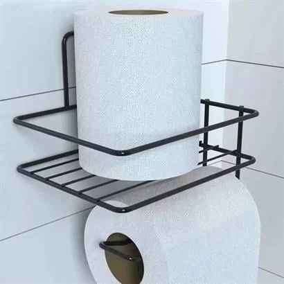 Tufeyo Self-Adhesive Toilet Paper Holder And Spare Shelf - Black Modern Metal Design