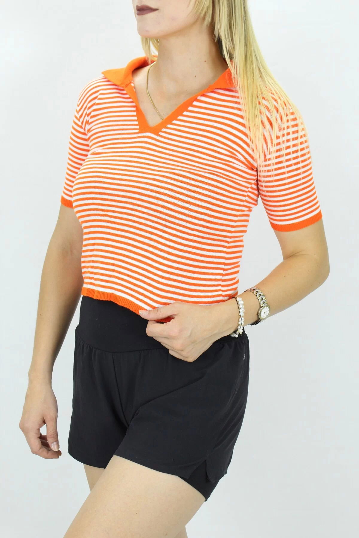 Polo Collar Striped T-Shirt Orange - 140.055