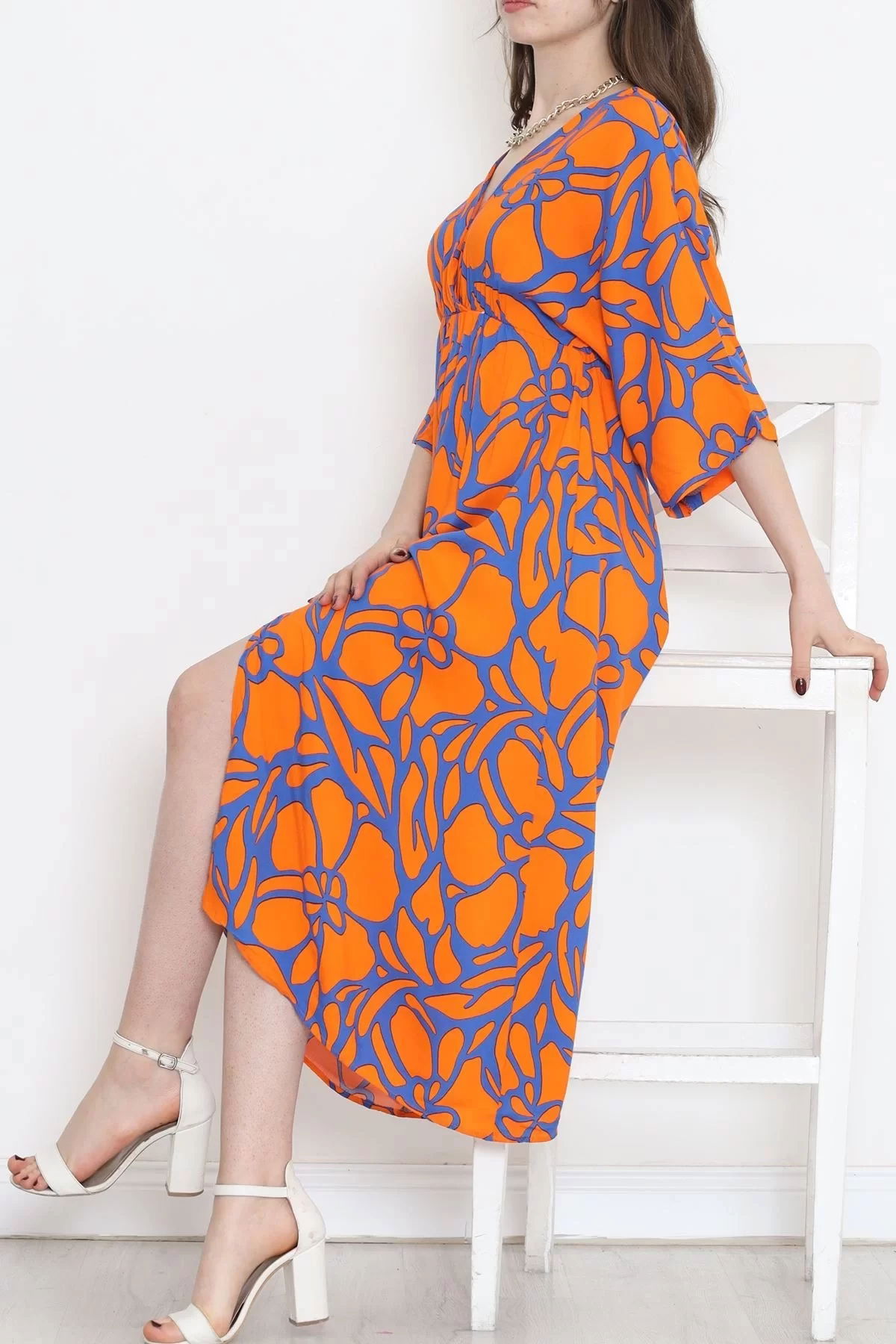 Double-breasted Collar Patterned Dress Orange - 707.1247.