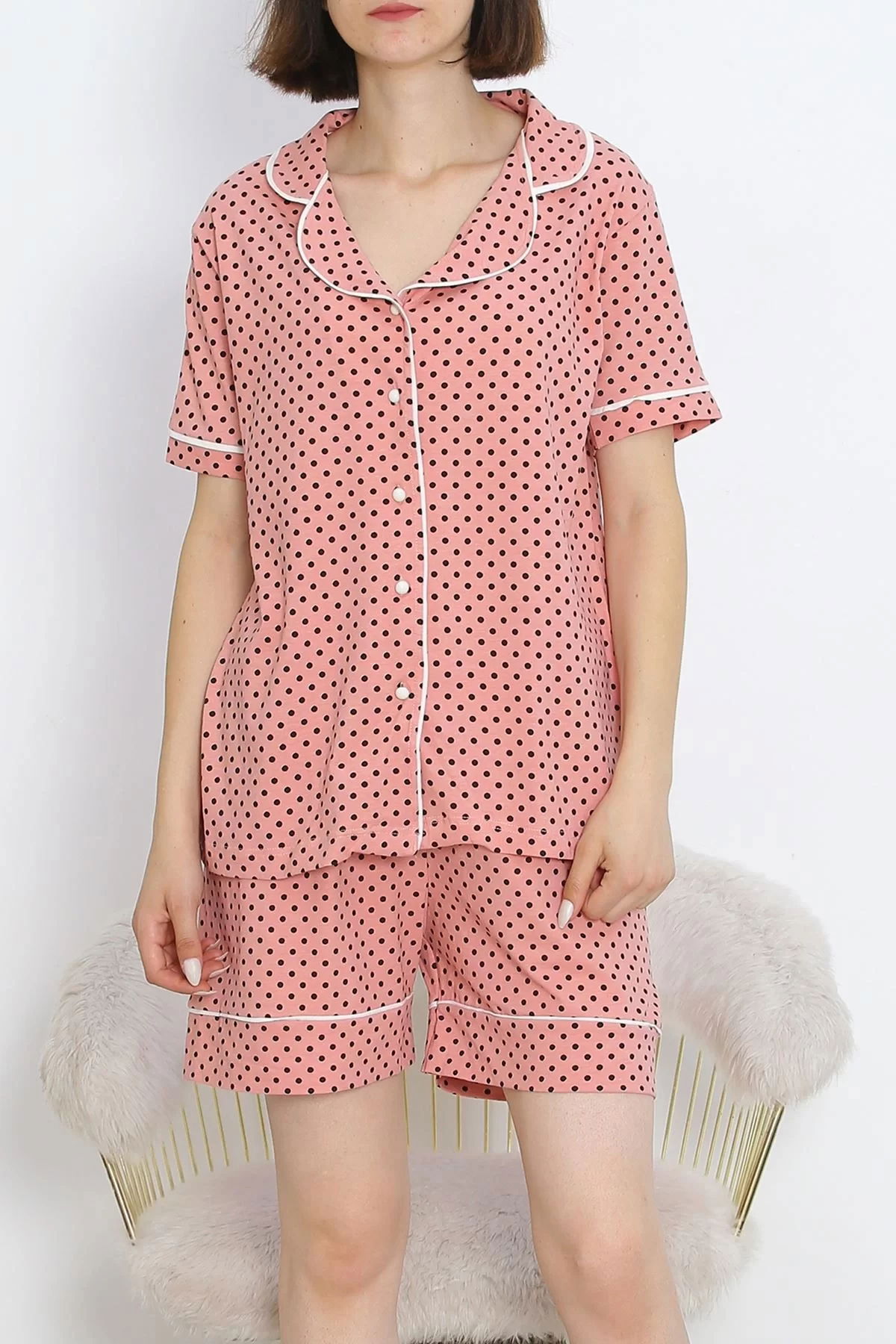 Buttoned Shorts Pajama Set Dotted powder - 18944.1567.