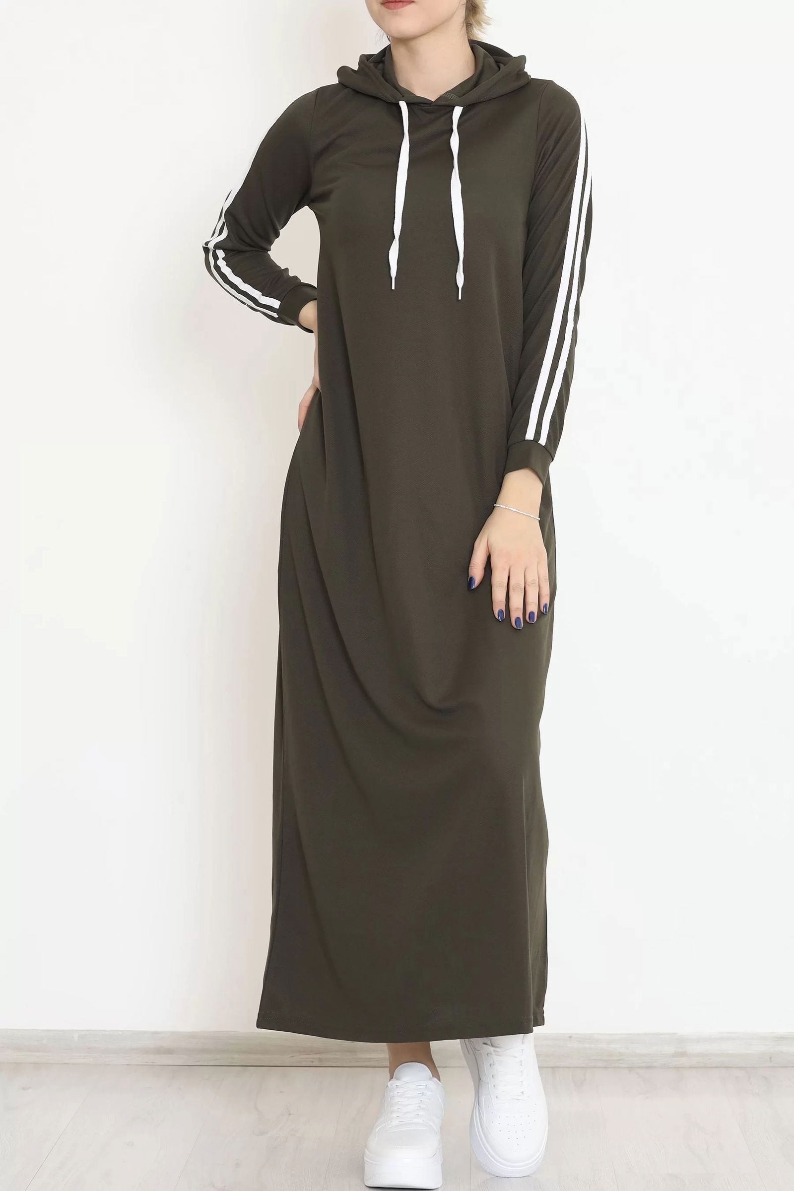 Hooded Stripe Detailed Dress Khaki - 10005.1778.