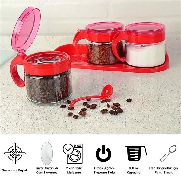 Tufeyo Red 3 Piece Standing Glass Airtight Spice Rack Set with Lid and Spoon Kc-386