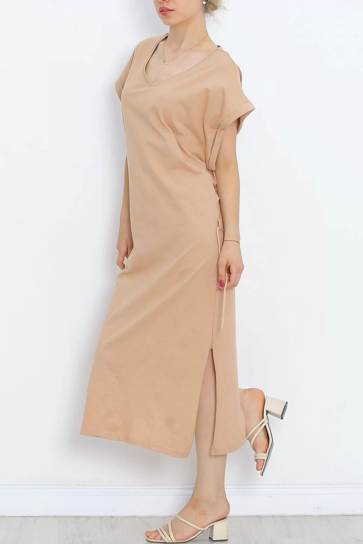 V Neck Single Jersey Dress Sütlükahve - 15864.1567.