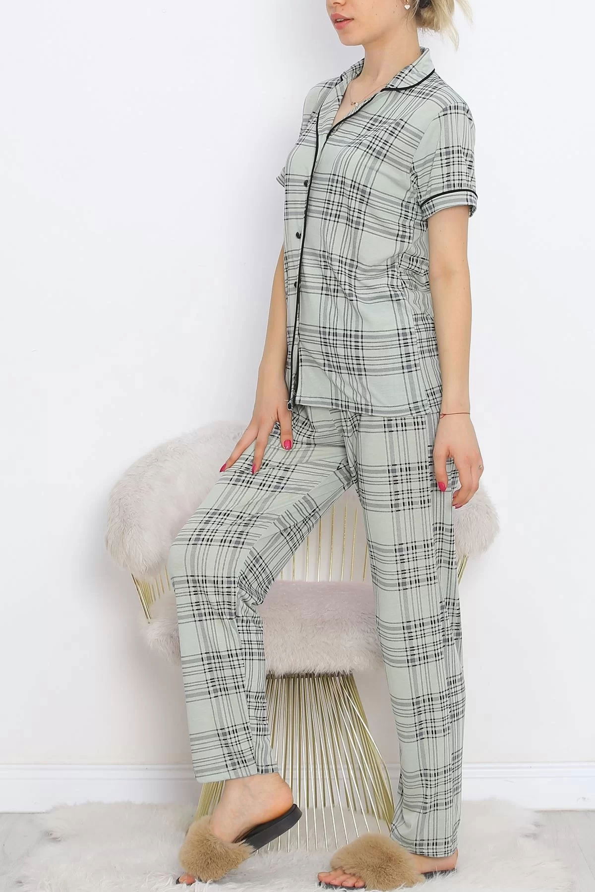 Polyviscose Interlock Short Sleeve Pajama Set Mintsiyah - 927.1287.