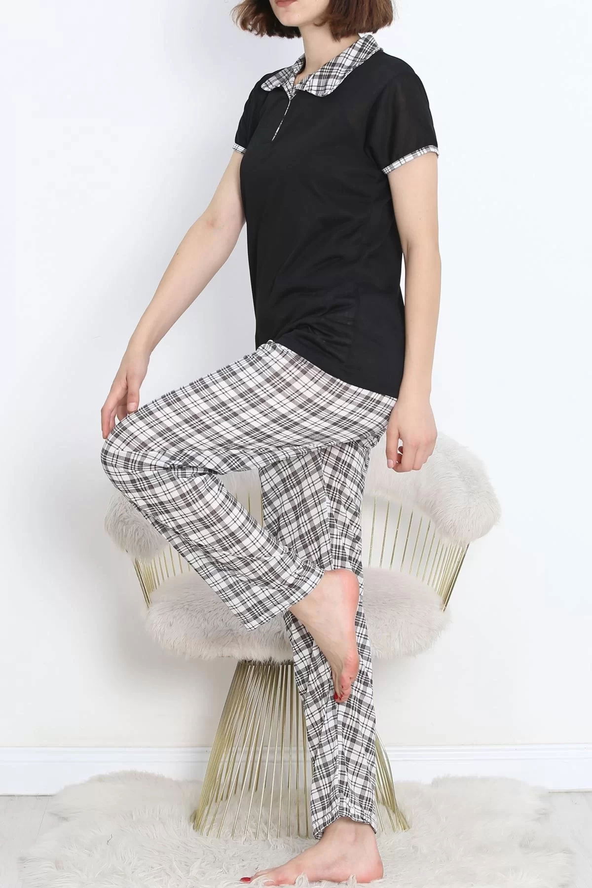 Poly Viscose Polo Collar Pajama Set Black Check - 896.1287.