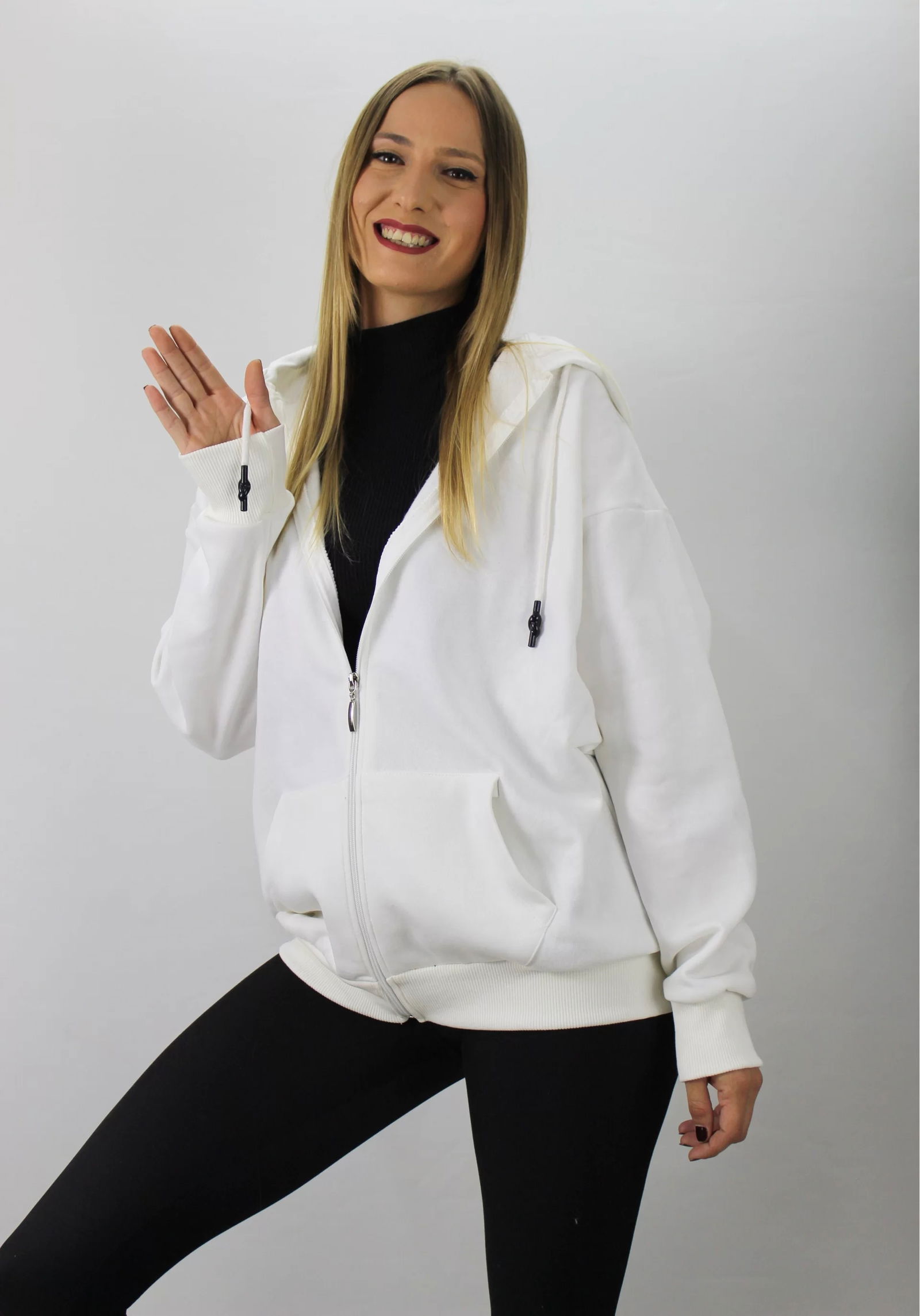 Three Yarn Hooded Sweat White with Zipper - 2810.2022