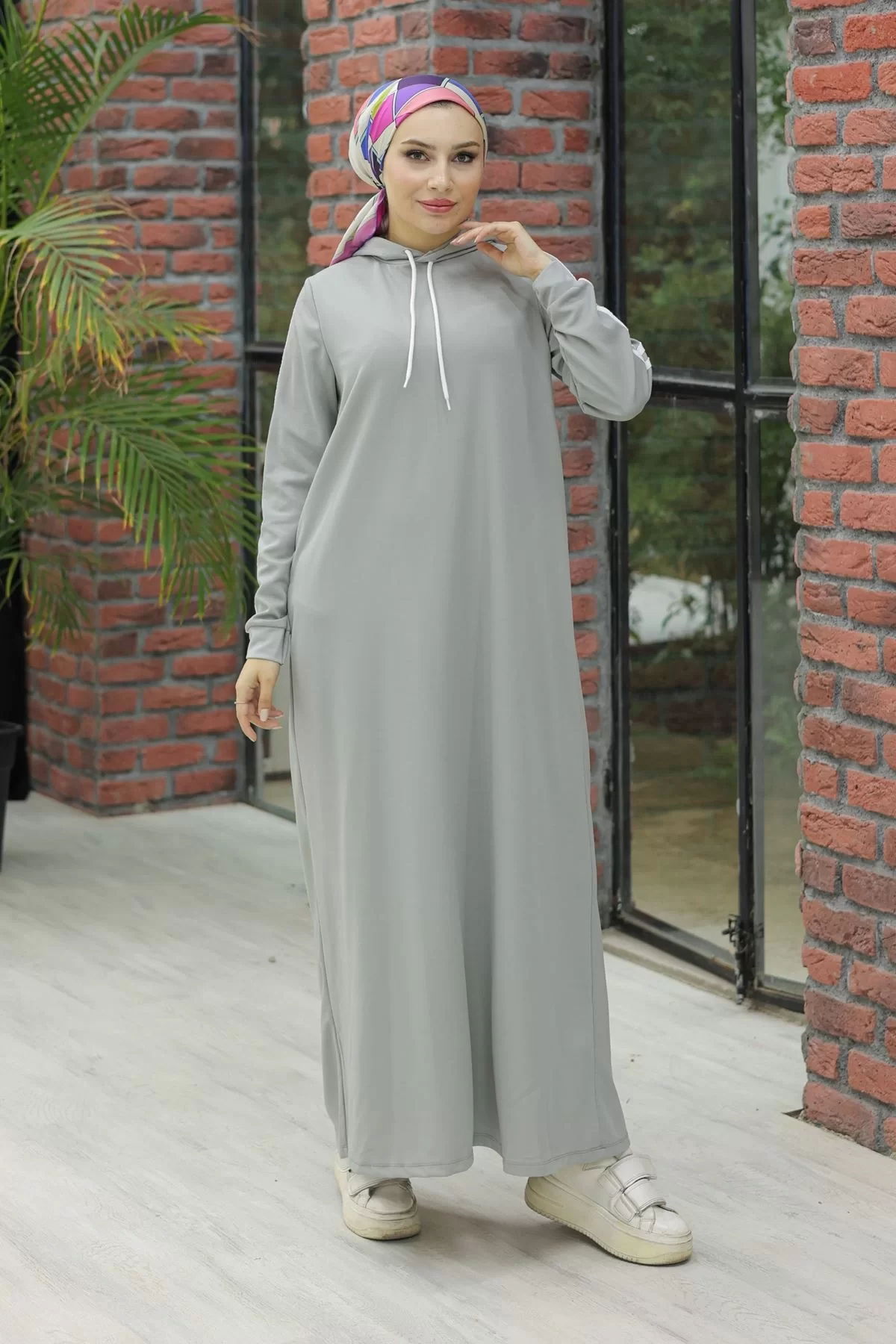 Hooded Stripe Detailed Dress Gray - 10005.1778.