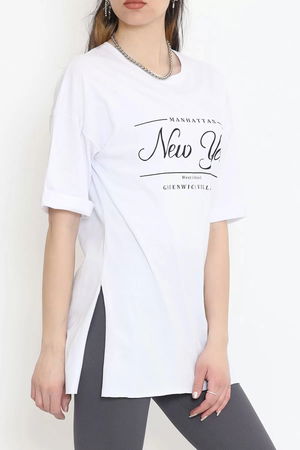 Printed Side Slit T-shirt White - 16557.1567.