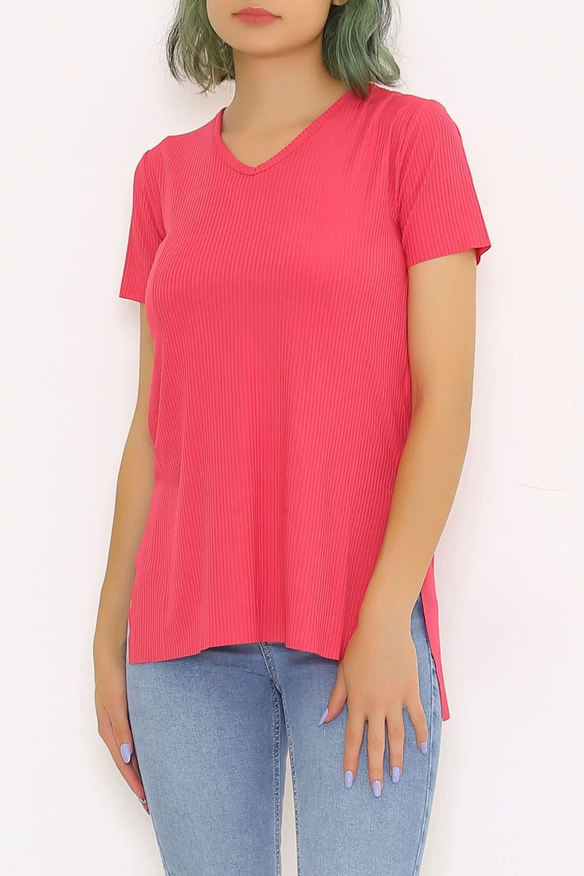 V-Neck T-Shirt with Slits Fuchsia - 1998.555.