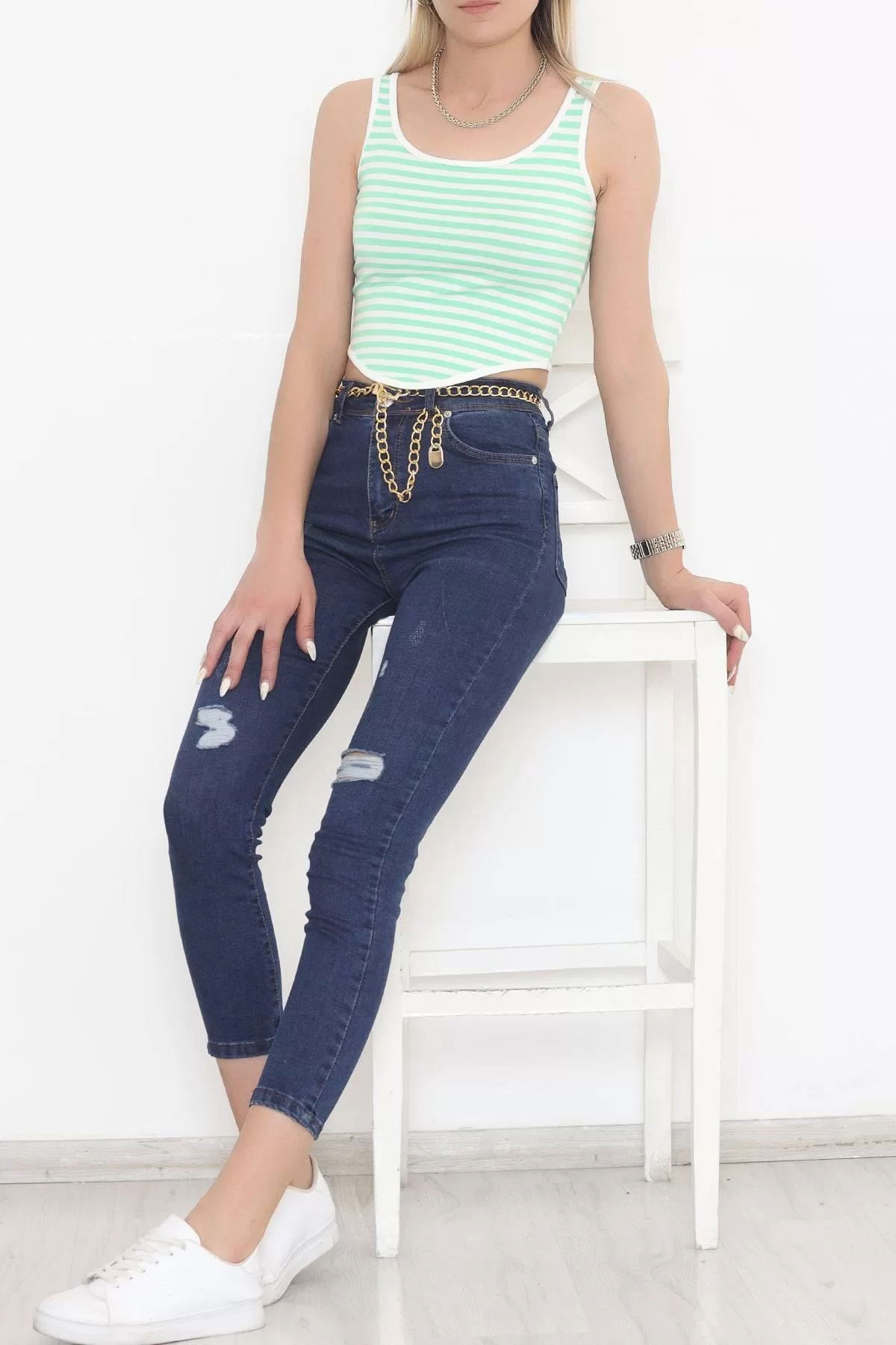 Striped Zero Sleeve Tank Top Green - 860.1019.