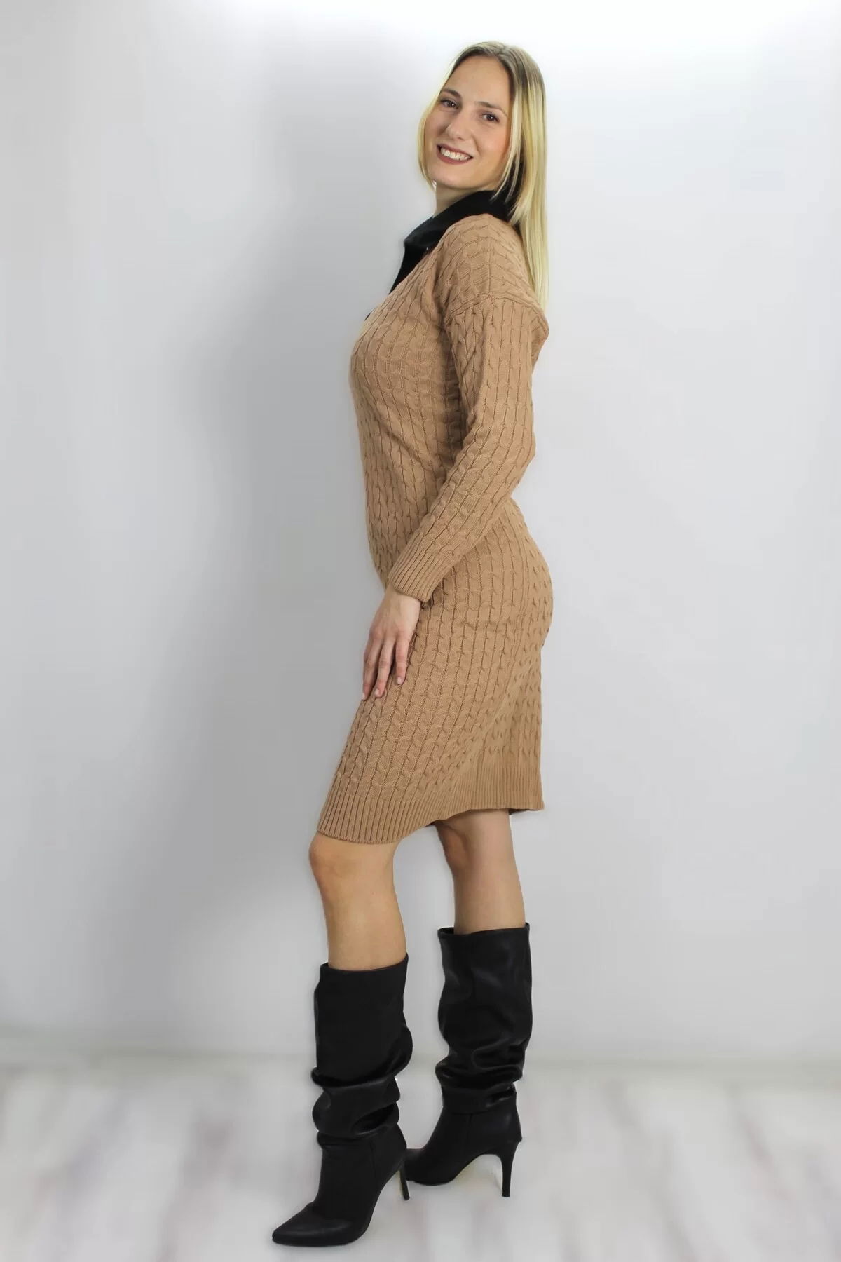 Shirt Collar Knitted Knit Sweater Dress Sütlükahve - 07190