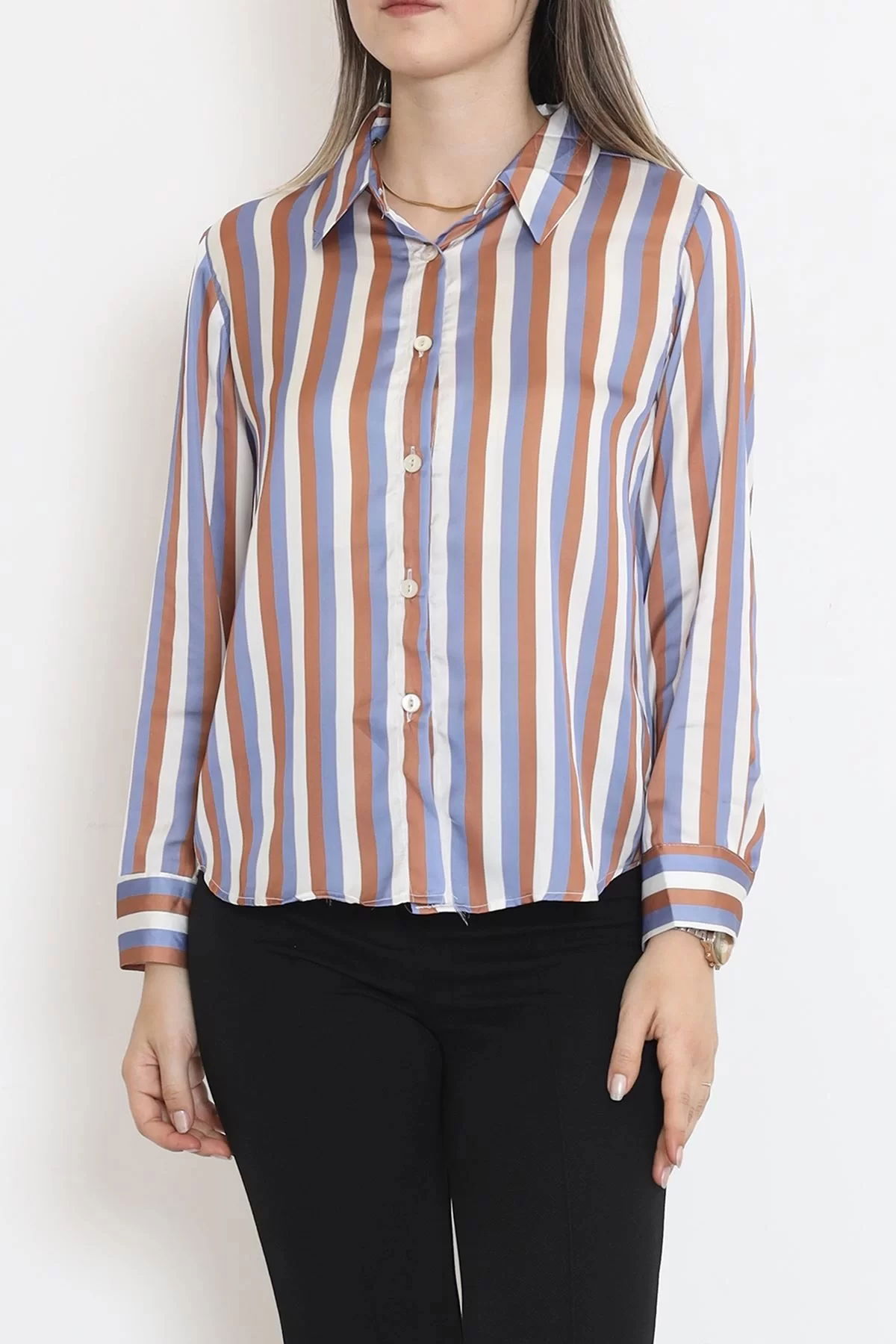 Striped Satin Shirt Blue-Brown - 909.1247.