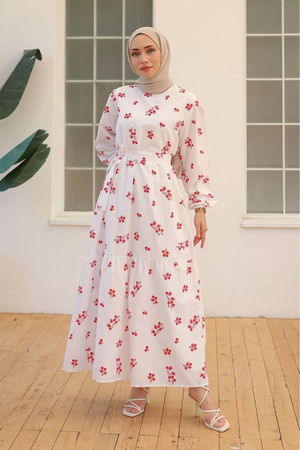 Patterned Dress White-Red - 10067.1778.