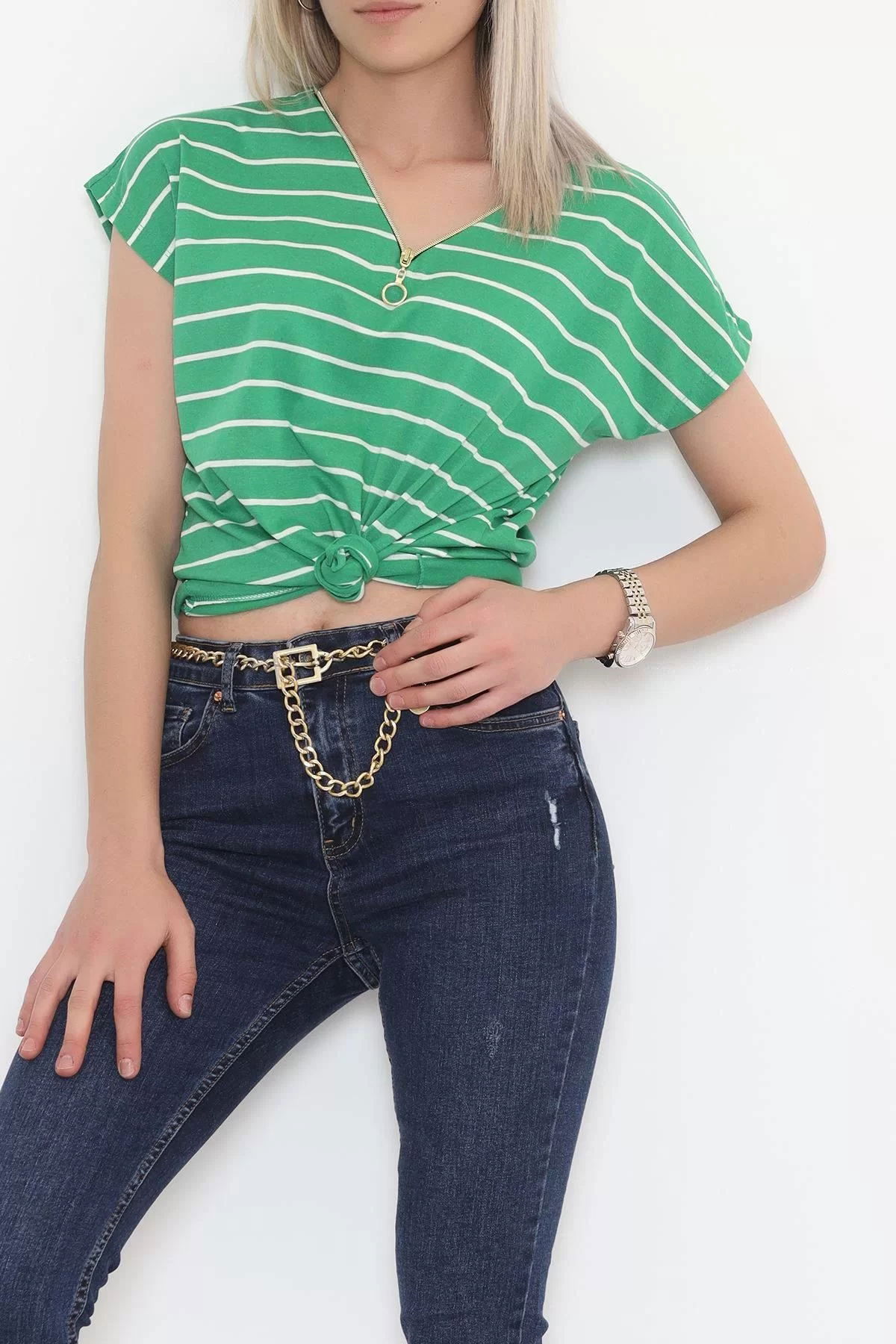 Zippered Striped T-shirt Green - 9657.1567.