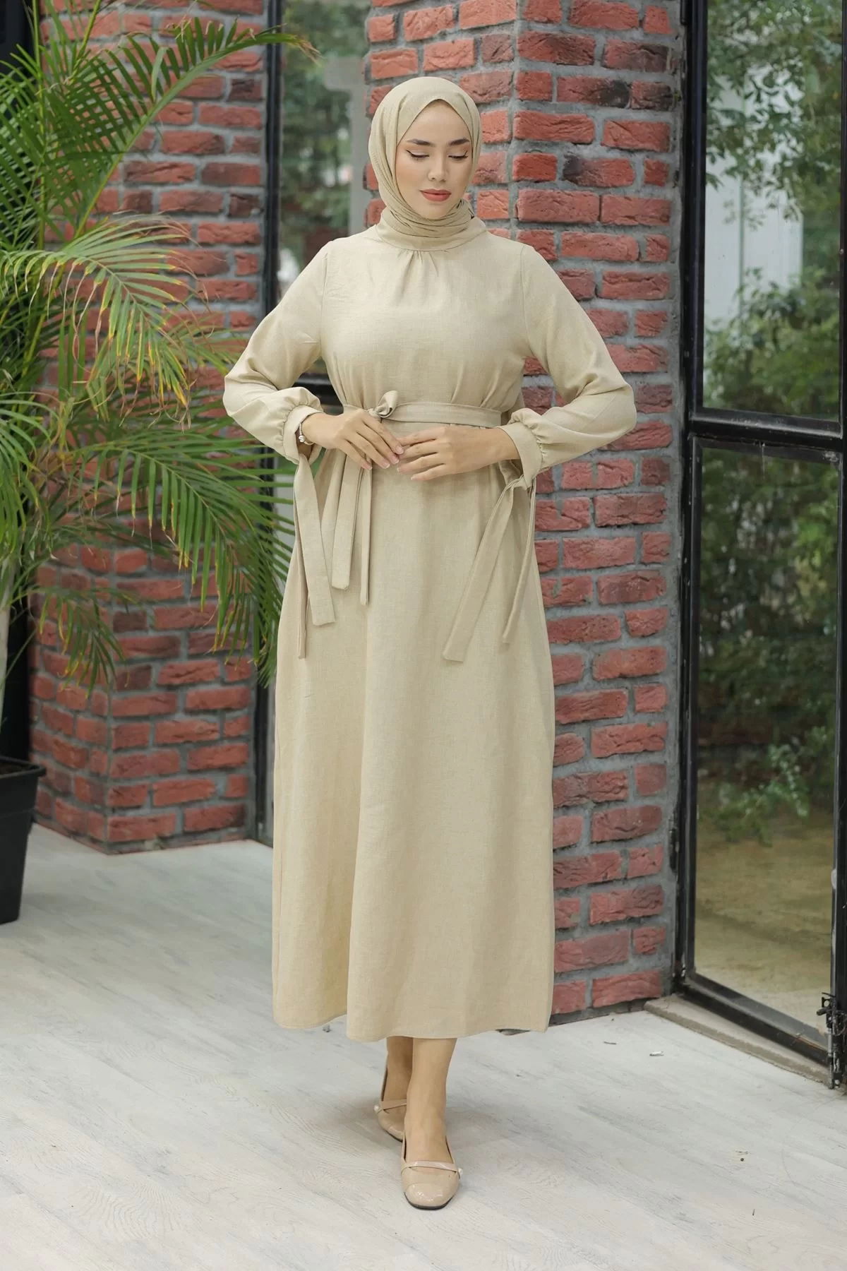 Linen Dress with Sleeve Ties Cream - 20346.1778.