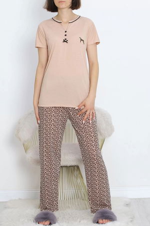 Pear Neck Short Sleeve Pajama Set Beige with Interlocking Piping - 705.1287.