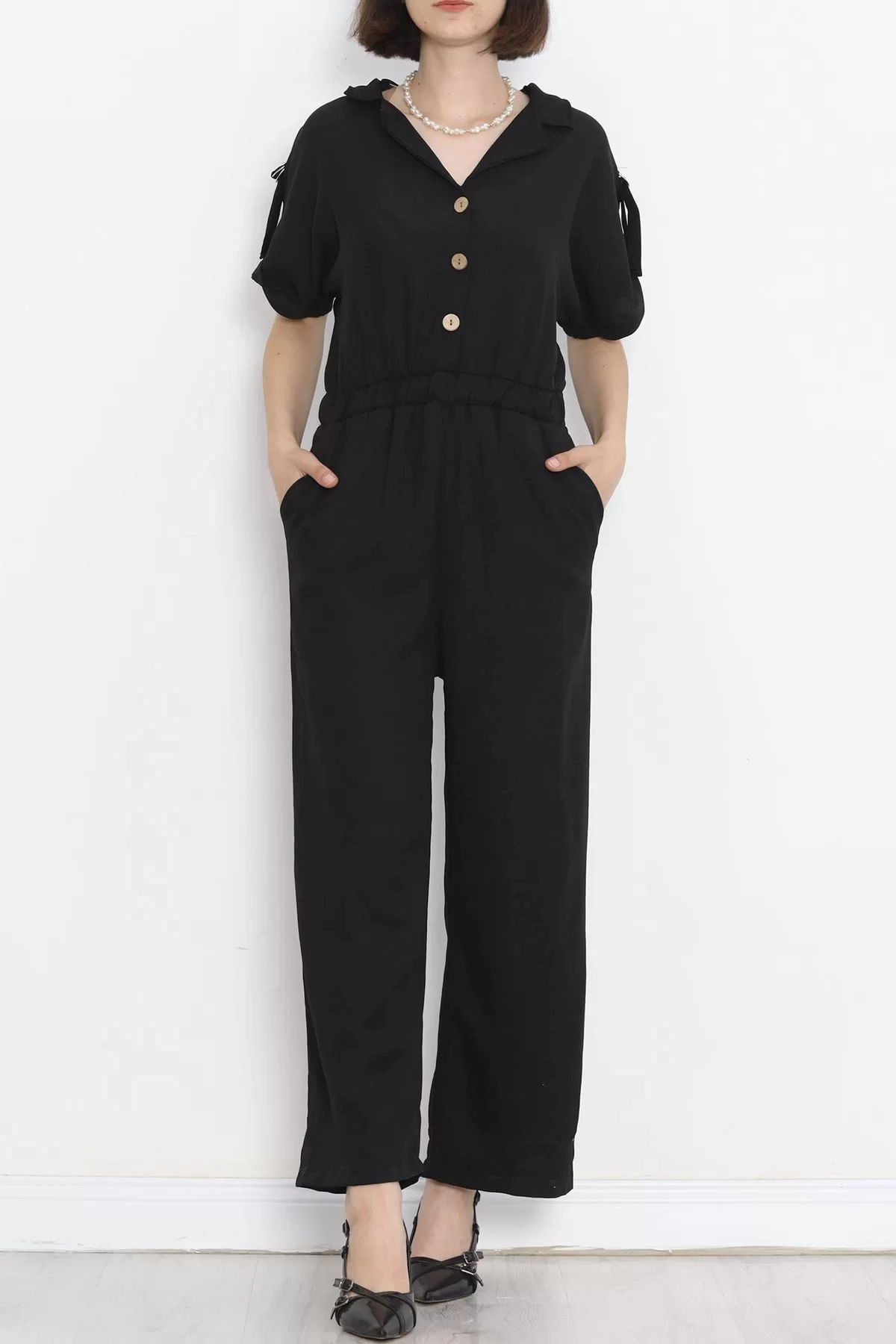 Double-breasted Collar Linen Jumpsuit Black - 16825.1778.