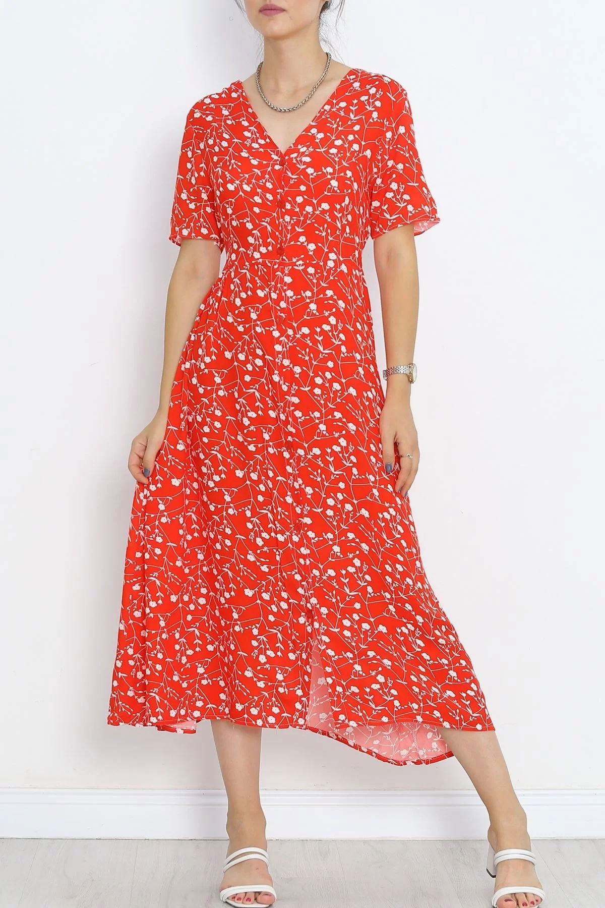 Buttoned Belted Dress Red and White - 716.1247.