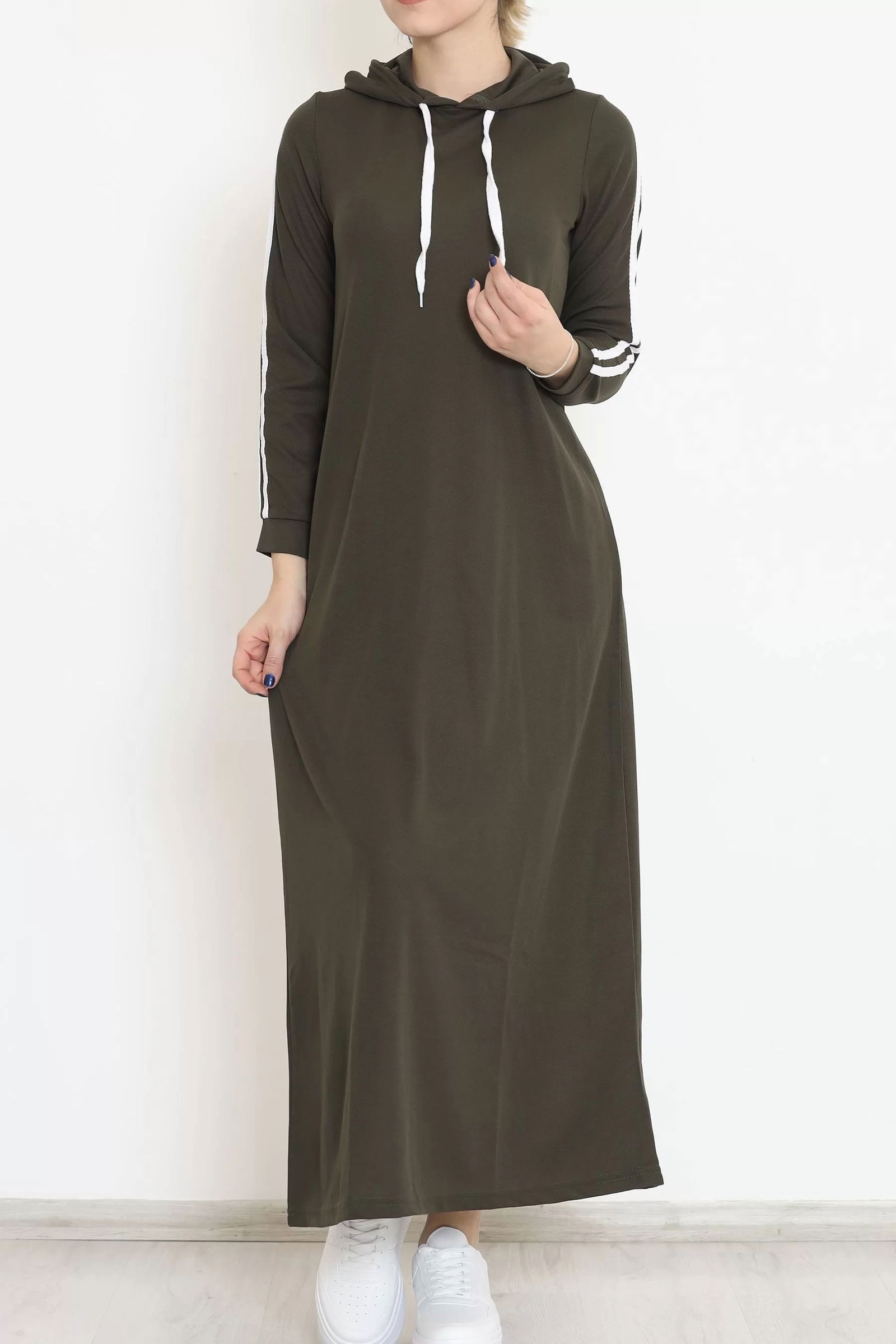 Hooded Stripe Detailed Dress Khaki - 10005.1778.