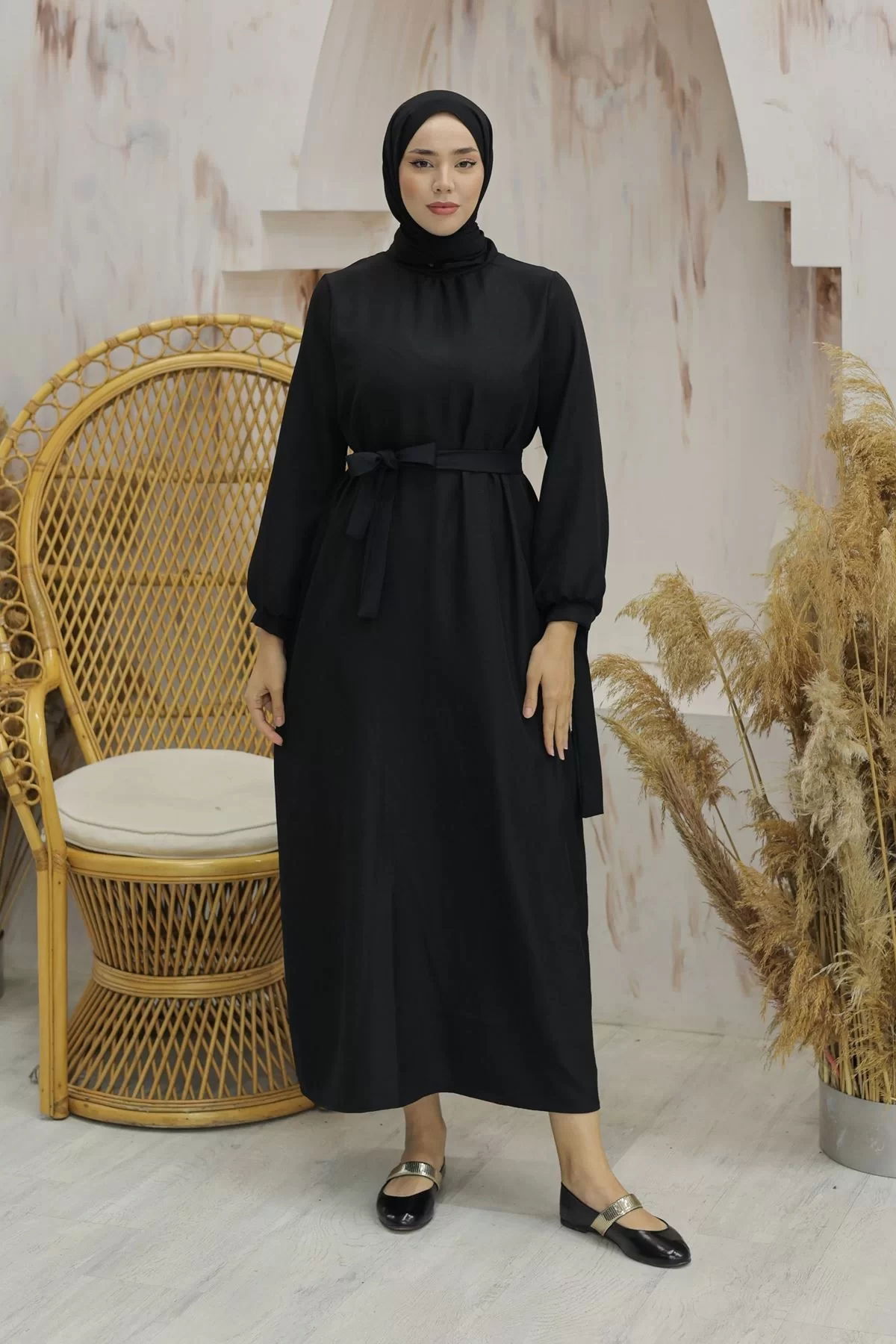 Linen Dress with Sleeve Ties Black - 20346.1778.