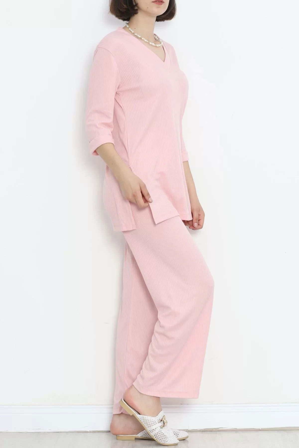 Fitted V-Neck Polyviscose Suit Pink - 903.1287.