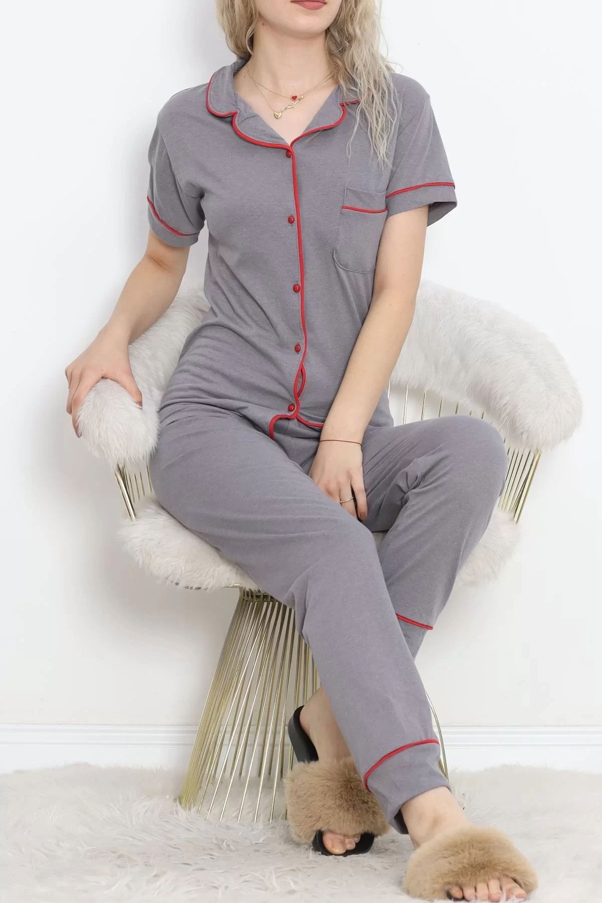 Pajama Set with Front Pockets Gray Red - 11404.1048.