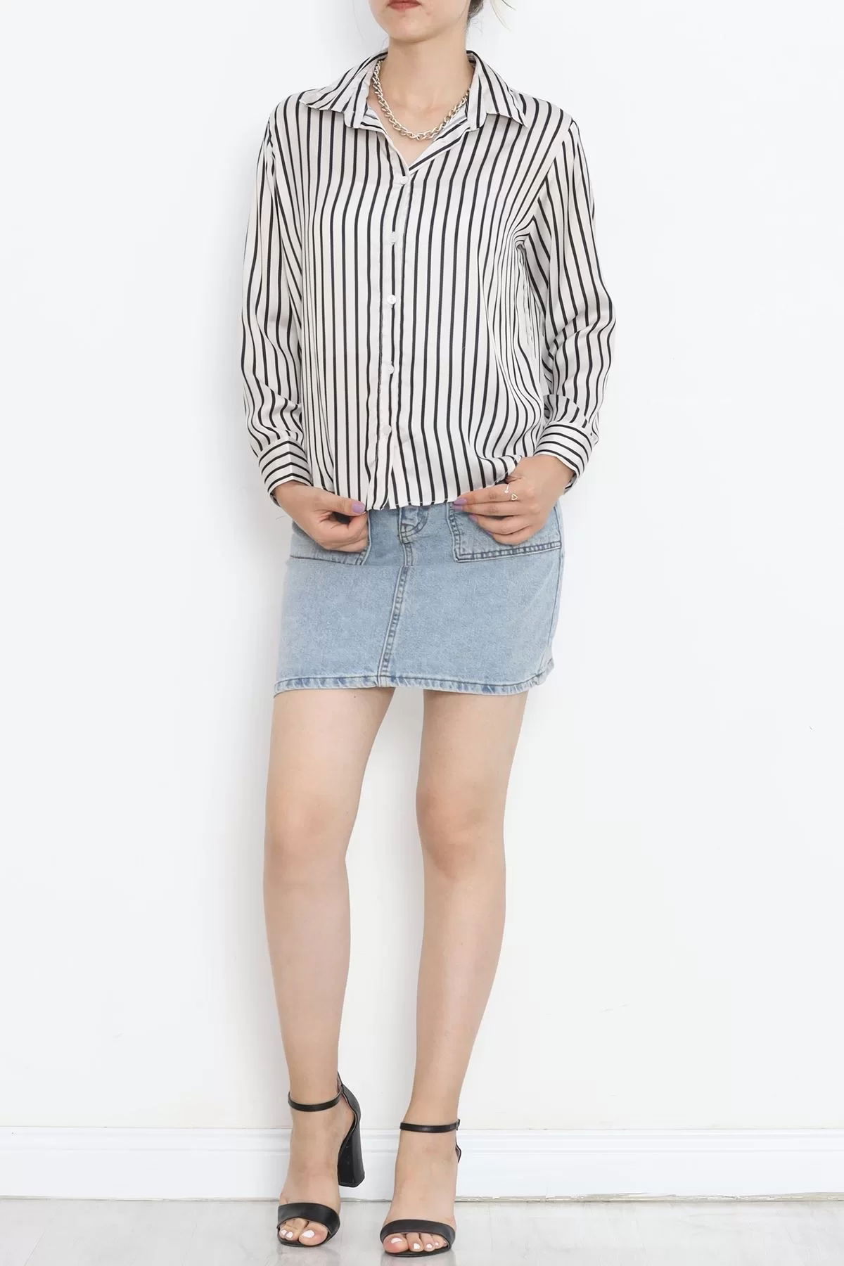 Striped Satin Shirt Stone Black - 18889.1247.