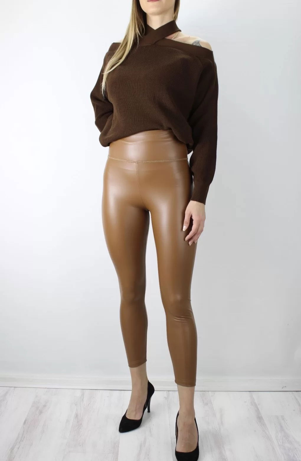 Shirred Leather Leggings Tan - 1511.110