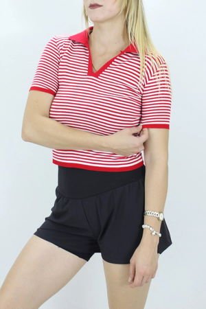 Polo Collar Striped T-Shirt Red - 140.055