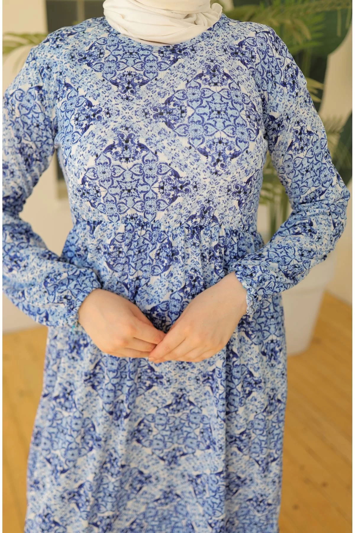 Patterned Lycra Knitted Dress in Blue - 20390.1778.