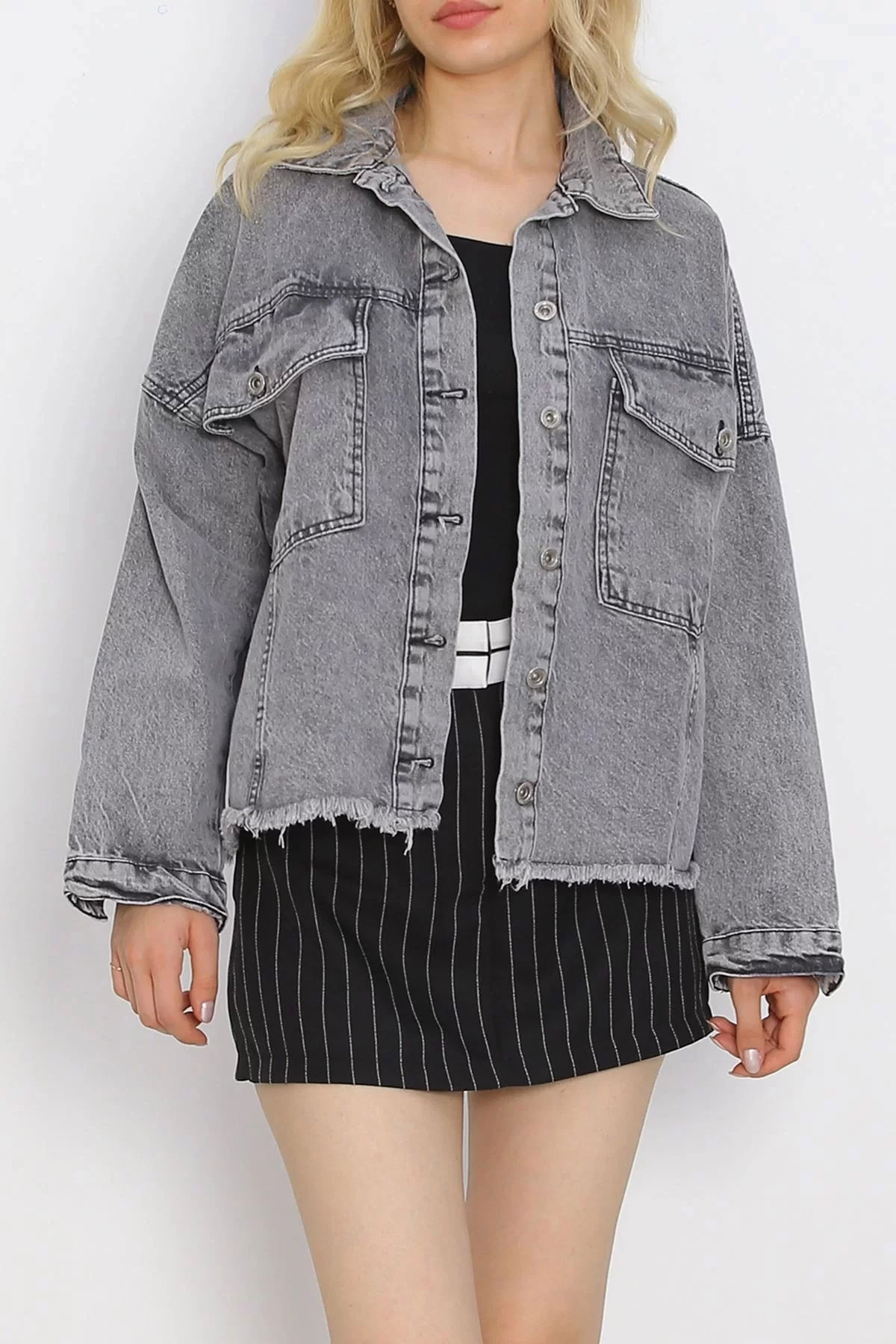 Fringed Crop Jeans Jacket Anthracite - 20388.1778.