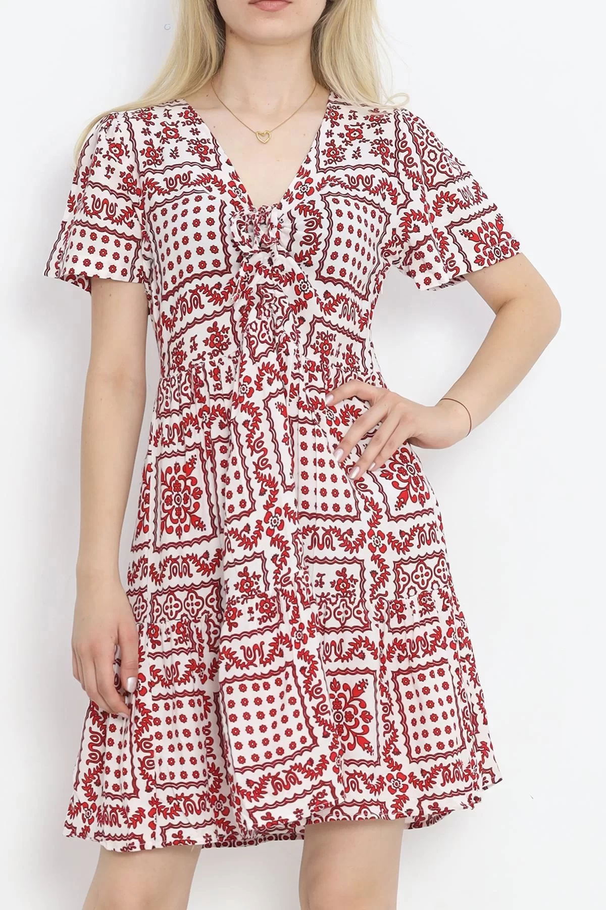 Shirred Front Dress White-Red - 152478.701.